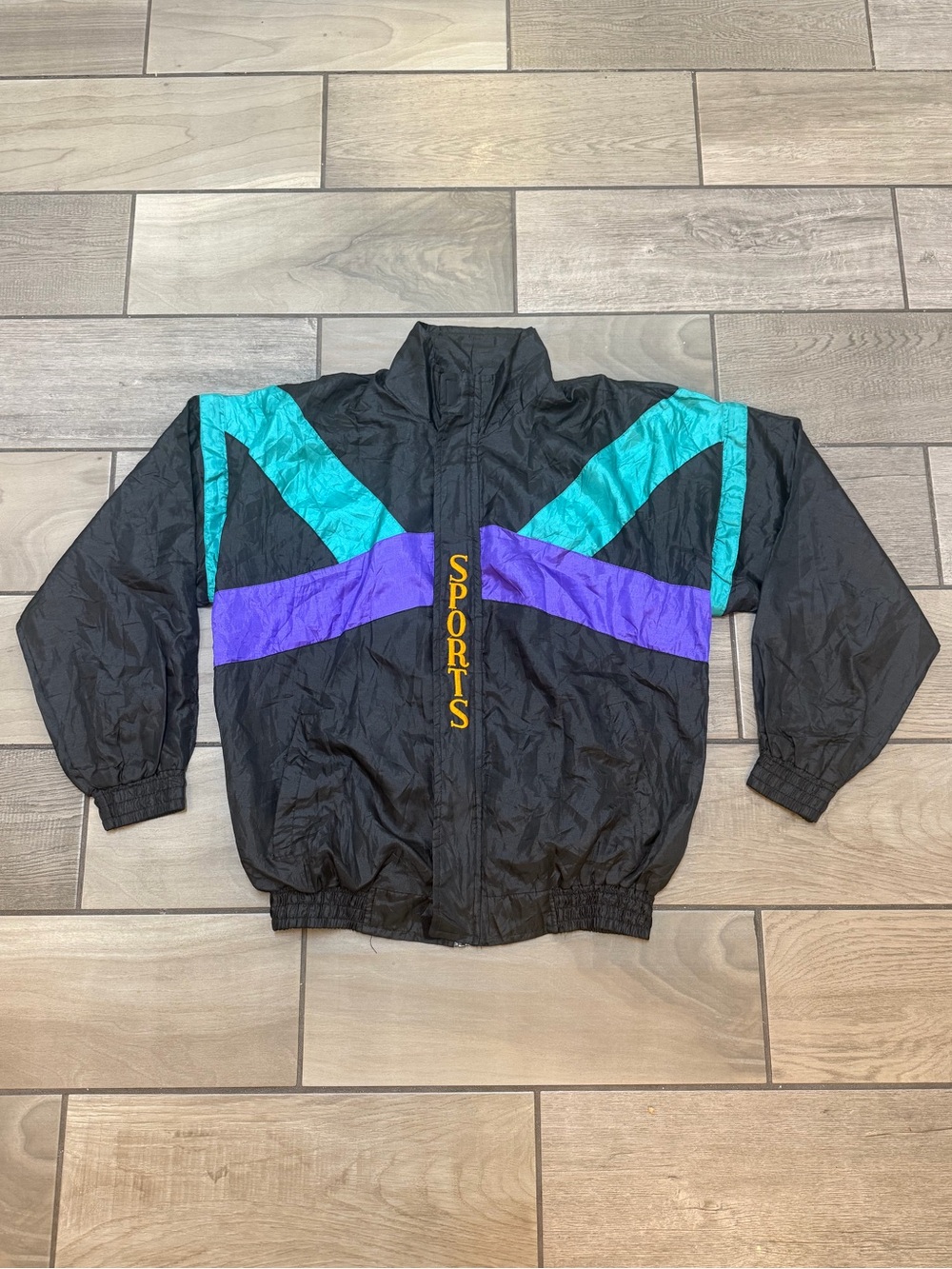 Vintage 90s Color Block Sports Windbreaker Jacket Black Teal Purple Embroidered